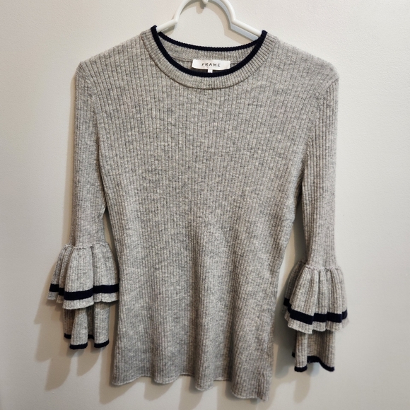 FRAME Rib Knit Ruffle Cuff Wool Blend Sweater Size Small - Picture 7 of 9